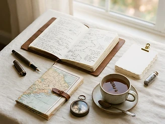 A warm ivory flat-lay of travel-planning essentials — a leather notebook, fountain pen, folded map, brass compass, and dried lavender