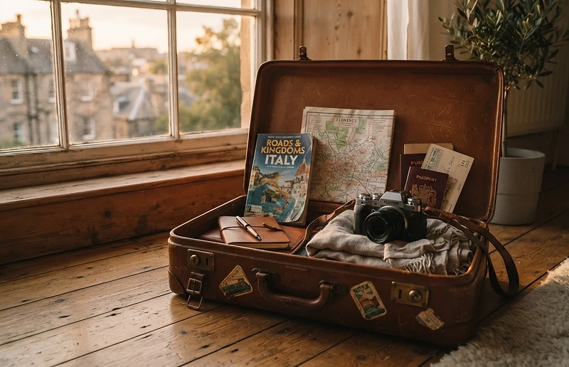 A curated travel guide and map beside an open suitcase in warm golden light