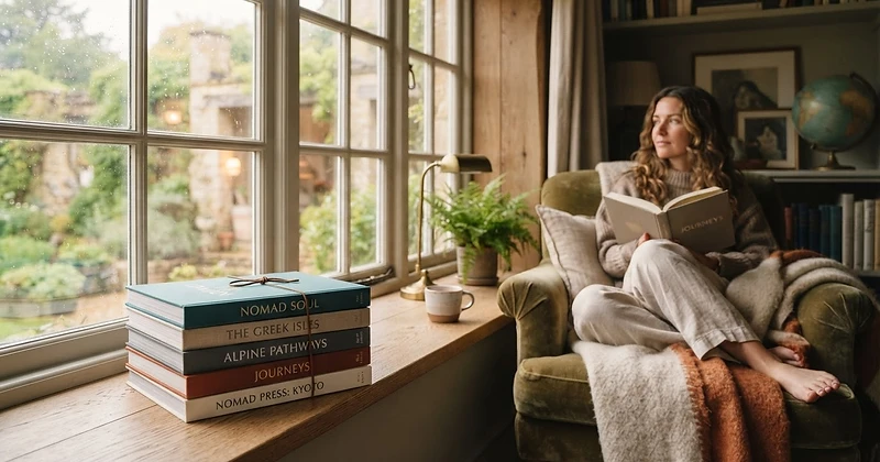 A cozy reading nook with a stack of beautifully designed travel books