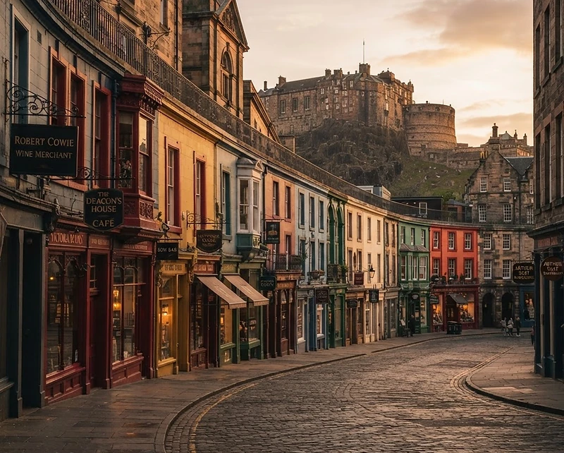 Colorful Victorian storefronts along the curved cobblestones of Victoria Street in Edinburgh at golden hour