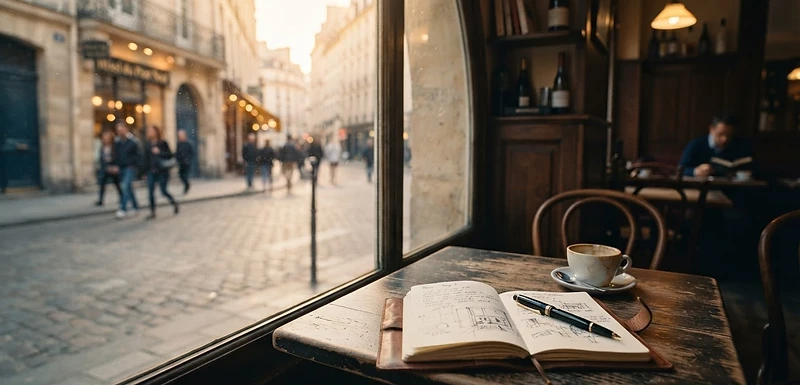 A quiet European café table by a window with a notebook and pen