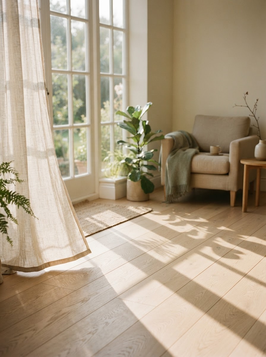 Warm morning sunlight falling through a window onto a wooden floor