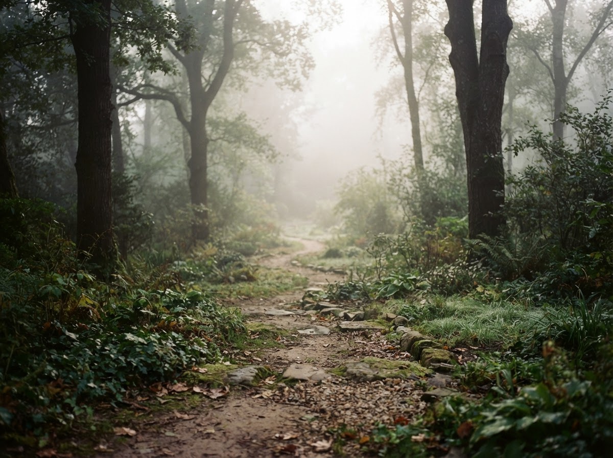 A quiet garden pathway disappearing into soft morning fog