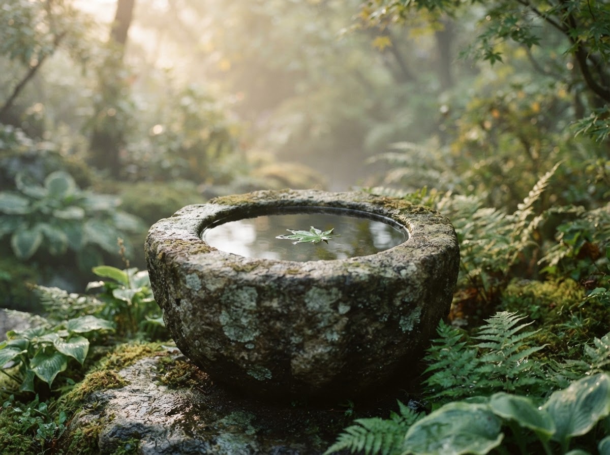 Still water in a stone basin with a single leaf resting on the surface