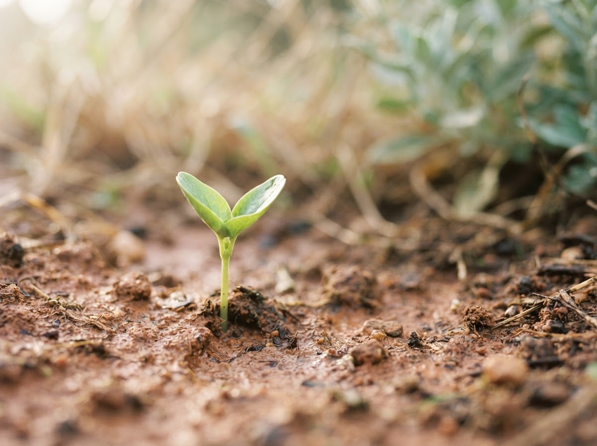 A young green sprout emerging from warm earth in soft morning light