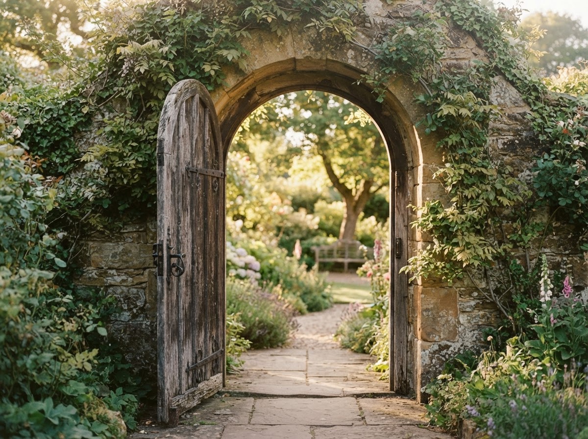 An open wooden garden gate in a stone archway with sunlit garden beyond