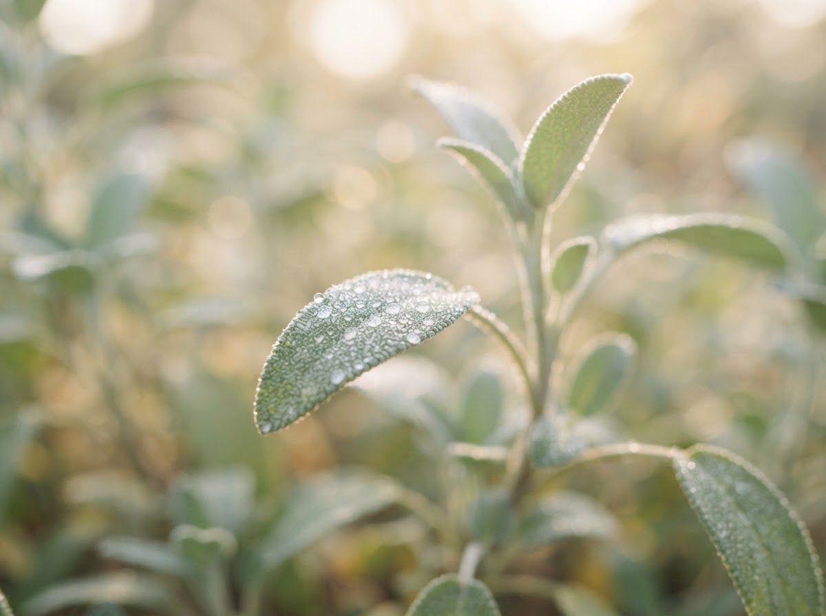 Soft sage leaves with dew in diffused golden morning light