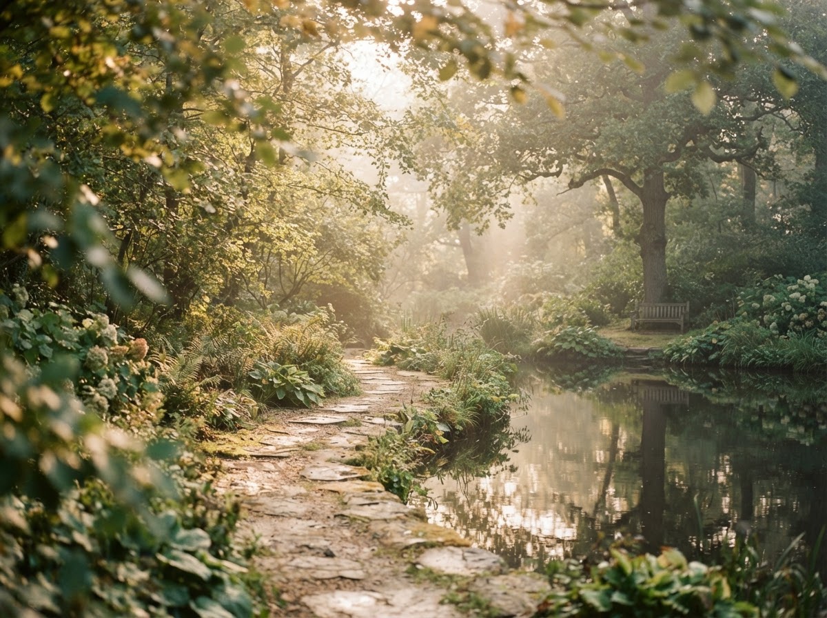 Morning sunlight filtering through leaves onto a quiet garden path beside still water