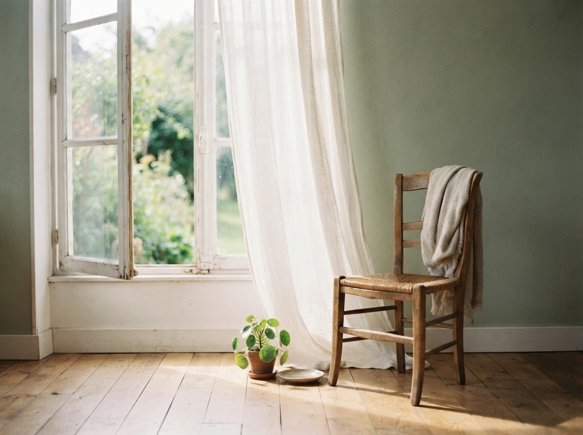 An empty wooden chair beside an open window with soft morning light