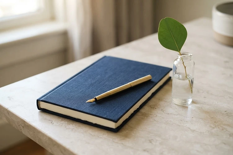Linen notebook and gold pen on a marble desk beside a single green leaf