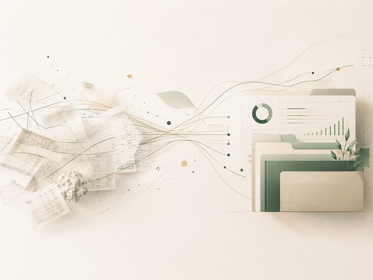 Conceptual illustration of disorganized financial documents resolving into organized folders and a data dashboard