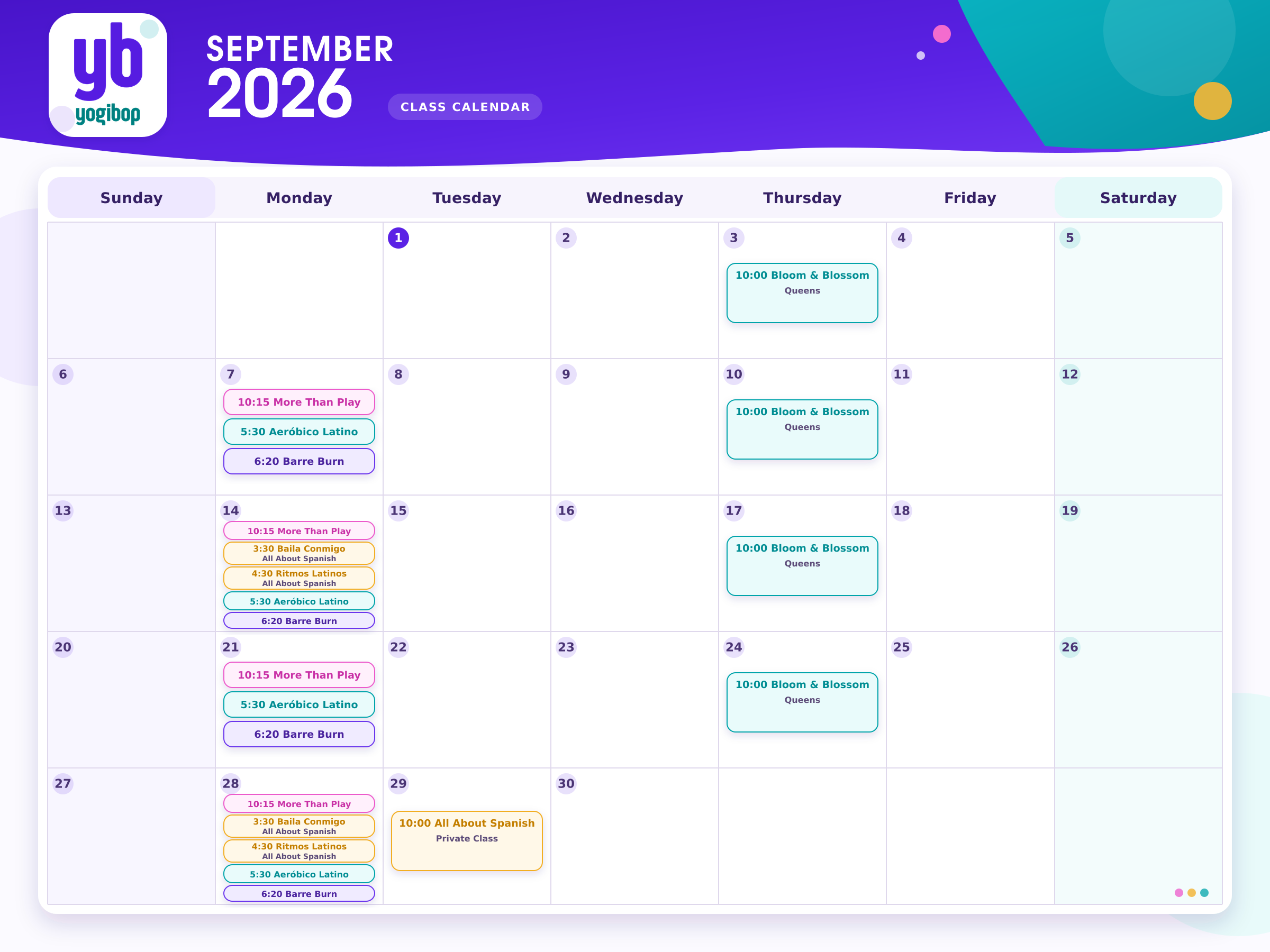 YogiBop August 2026 Class Calendar