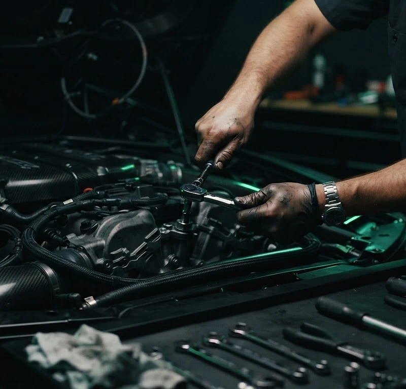 Manos de un mecánico trabajando en un motor de alto rendimiento con iluminación verde neón