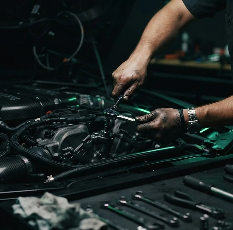 Mechanic's hands working on a high-performance engine with neon green rim lighting