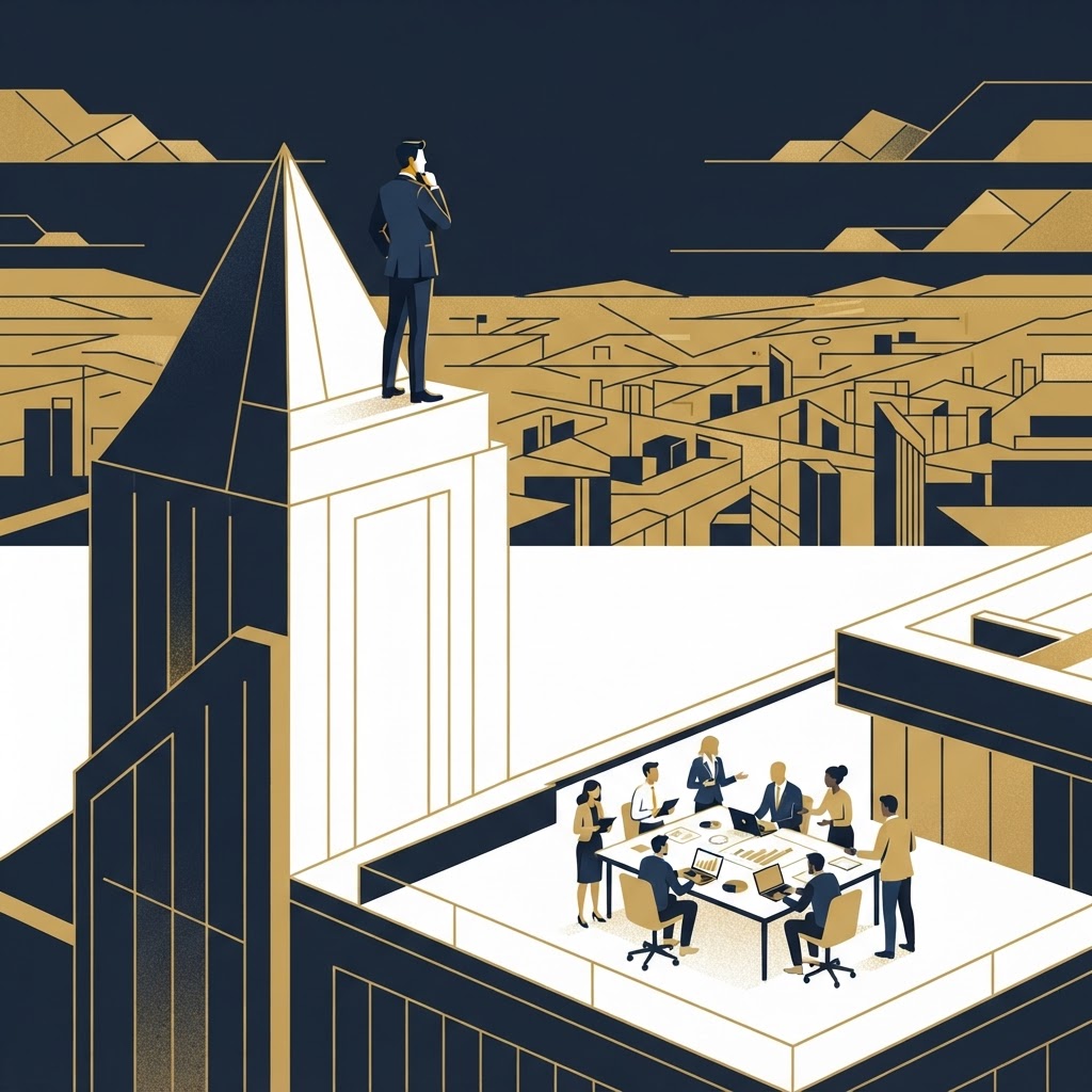 CEO standing alone at a mountain peak — executive loneliness and peer advisory