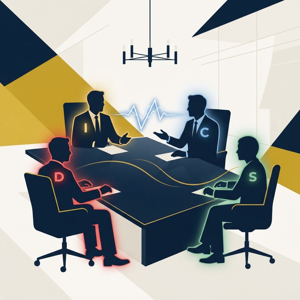 Four executive silhouettes around a boardroom table showing DISC personality types and team dynamics