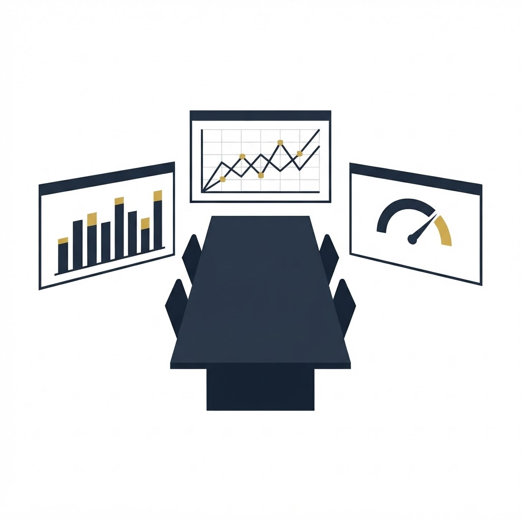 Three separate dashboards on a boardroom table — sales, operations, and finance — each showing different numbers for the same company
