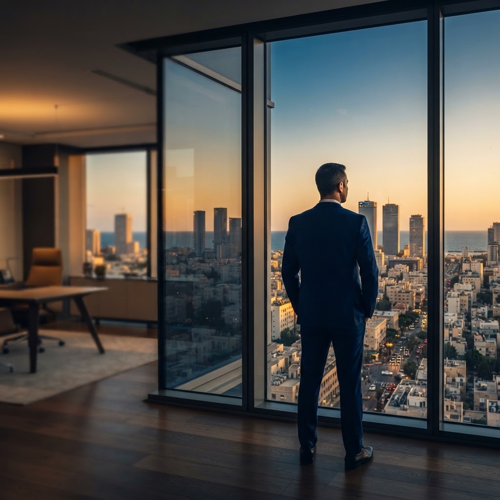 Senior business coach helping a business owner succeed — modern Tel Aviv office