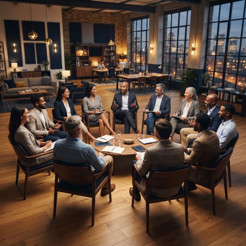 Business professionals in a peer advisory community circle discussion