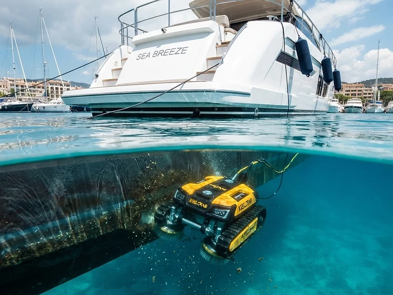 Yacht au-dessus de l'eau, robot HullCare en intervention sous la coque