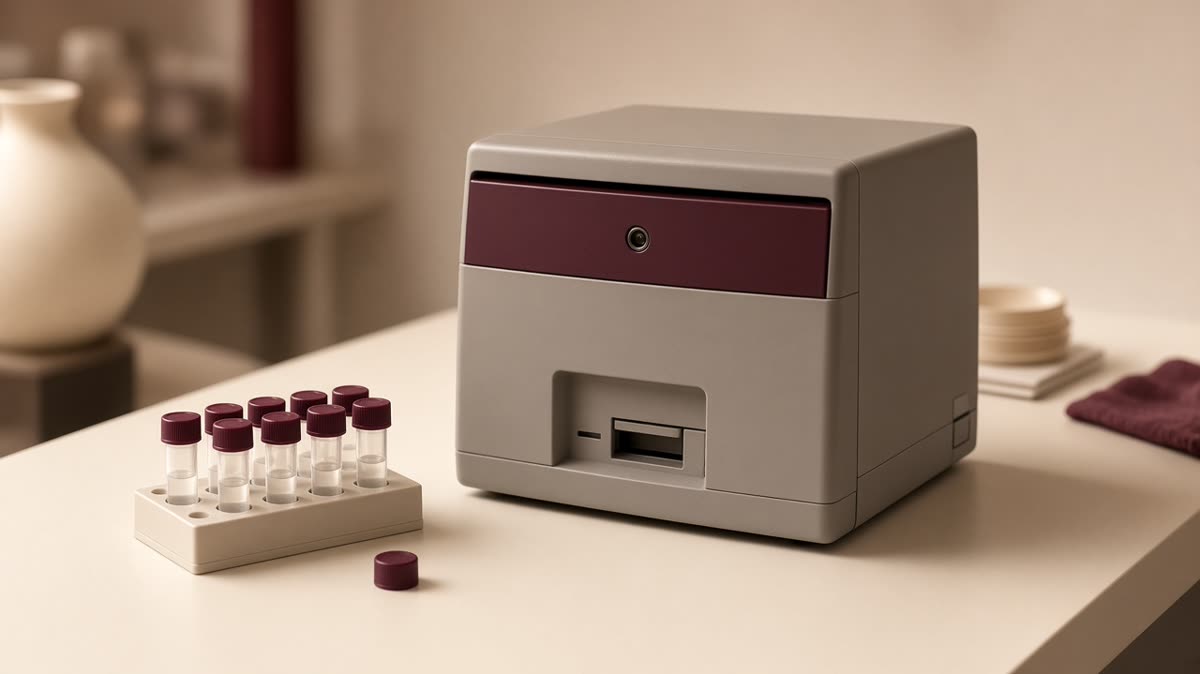 Benchtop genetic sequencer with a rack of sample vials