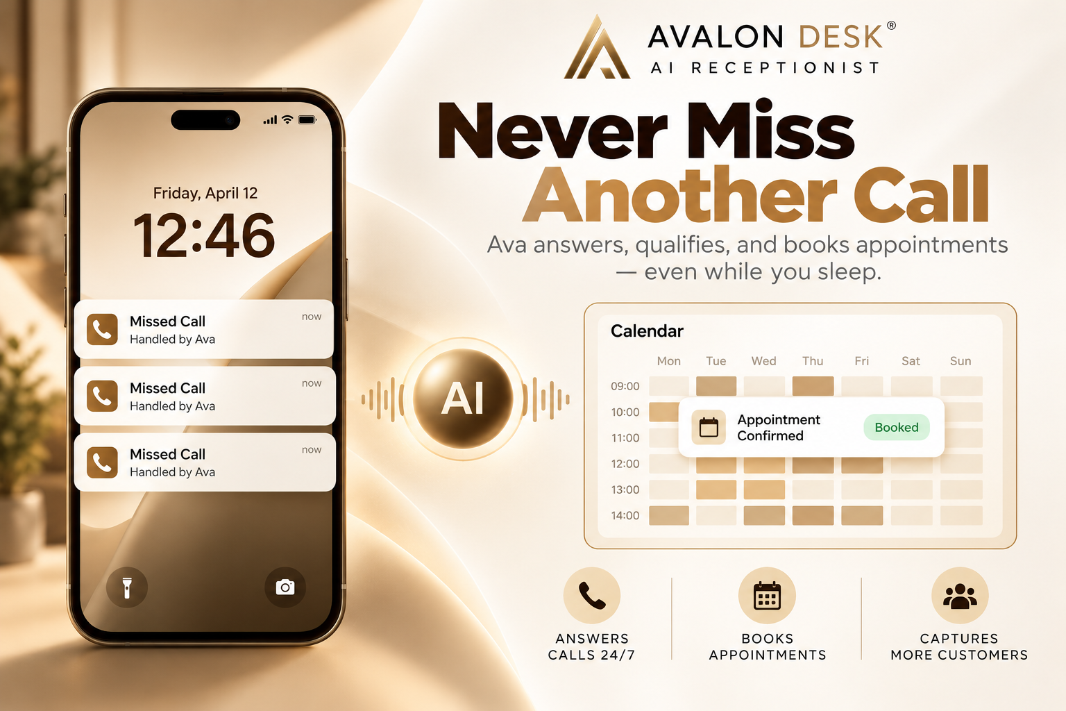 Never miss another call — Ava answers, qualifies, and books appointments 24/7.