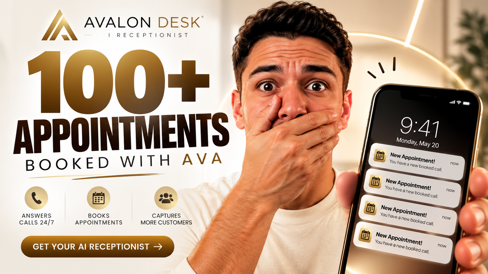 100+ appointments booked with Ava — answers calls 24/7, books appointments, captures more customers.
