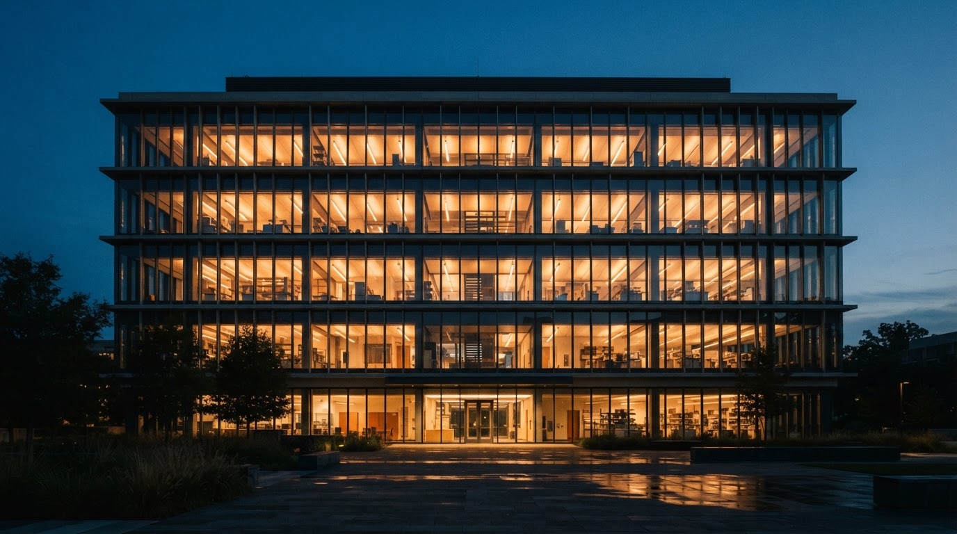 Modern research institute building at dusk