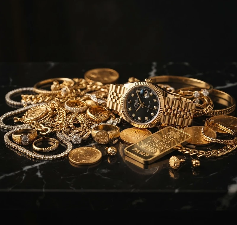 Oro e gioielli su sfondo nero