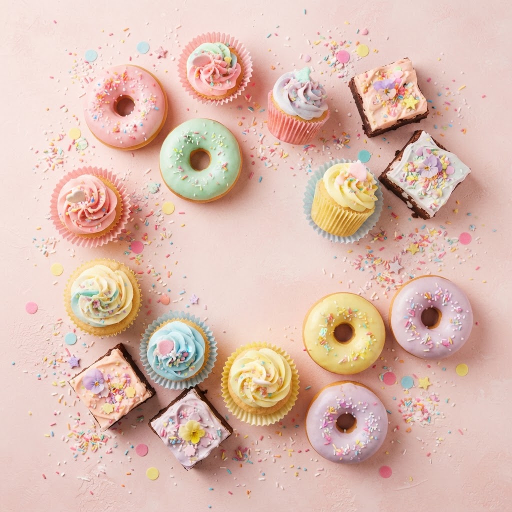 Donuts, cupcakes en brownies uitgestald op een roze ondergrond