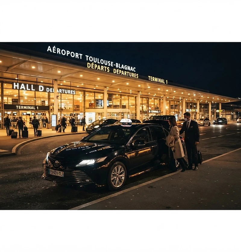 Taxi Toyota Camry noire à l'aéroport de Toulouse-Blagnac