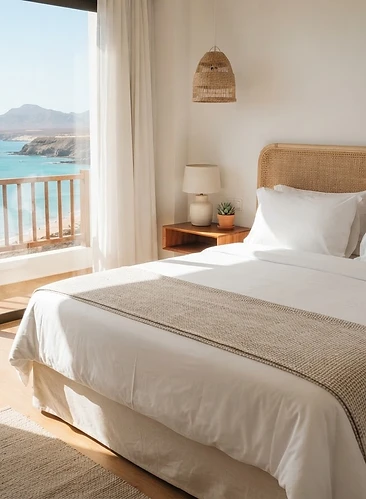 Cama perfectamente hecha con luz dorada