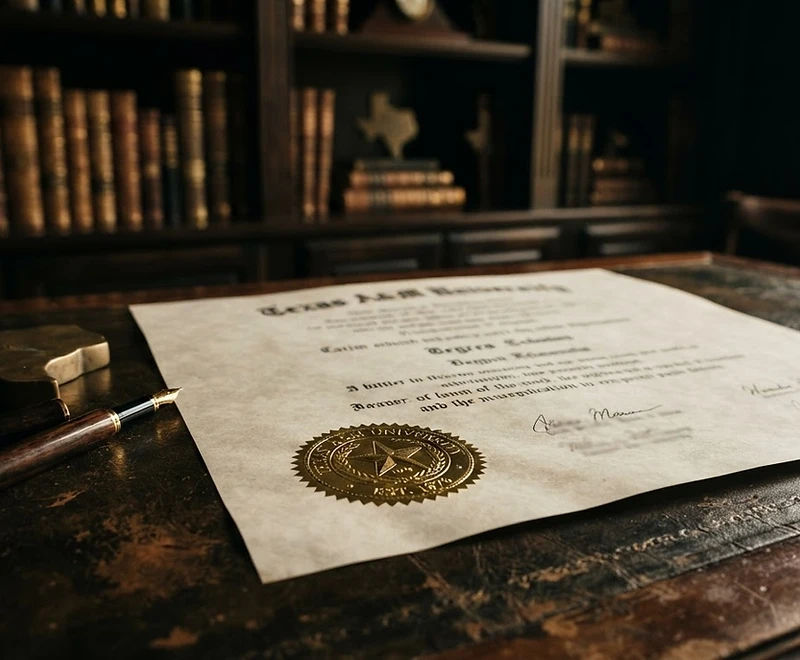 A Certified Texan certificate on a leather desk