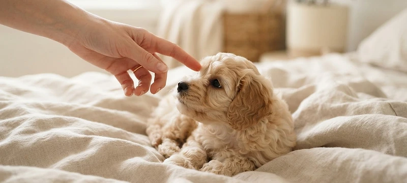 A hand gently reaching toward a tiny Cavapoo puppy