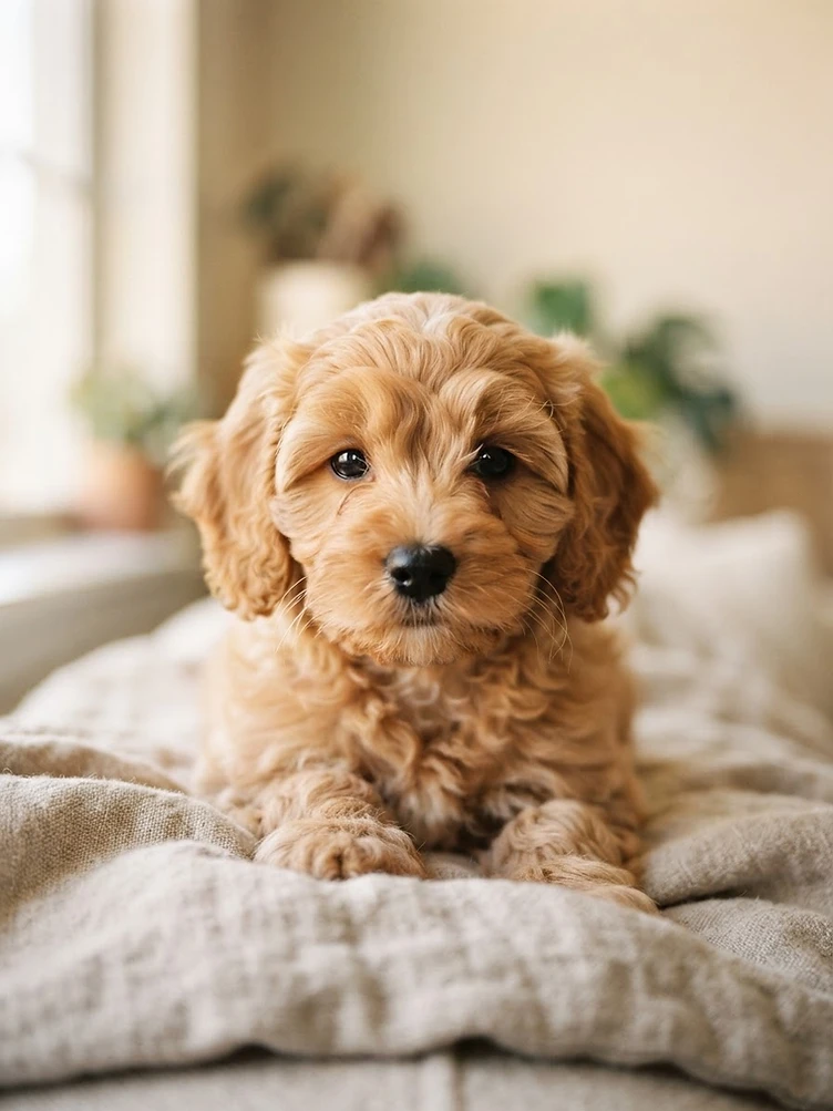 Apricot Cavapoo puppy resting in soft window light