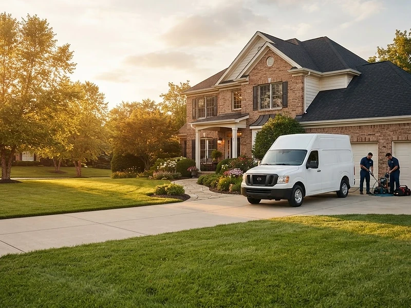 Local service business at work — a professional contractor vehicle parked at a suburban home during golden hour