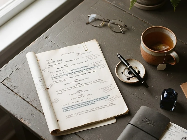 An actor's preparation desk with annotated script pages
