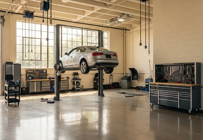 Modern auto repair garage with a car on a hydraulic lift