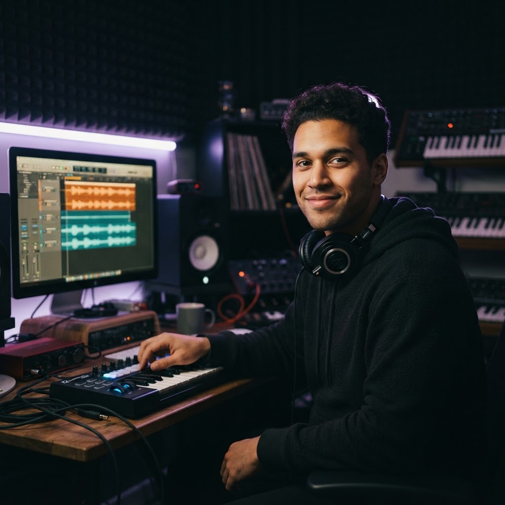 The creator in a dark studio