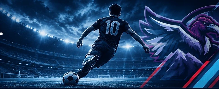 Soccer player under the floodlights at night
