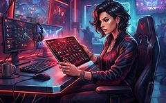 Esports manager reviewing player statistics and roster depth charts on a tablet in a modern gaming office.