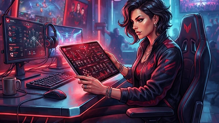 Esports manager reviewing player statistics and roster depth charts on a tablet in a modern gaming office.