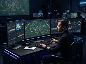 A high-tech, sleek digital interface showing tactical football analysis and the Las Vegas Vampires logo.
