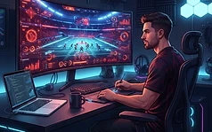 A game analyst reviewing SimWin football mechanics and statistics on a high-tech computer screen.