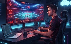 A game analyst reviewing SimWin football mechanics and statistics on a high-tech computer screen.