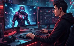 Close-up of a dual-monitor gaming setup displaying an AI digital sports avatar next to a sports management interface.