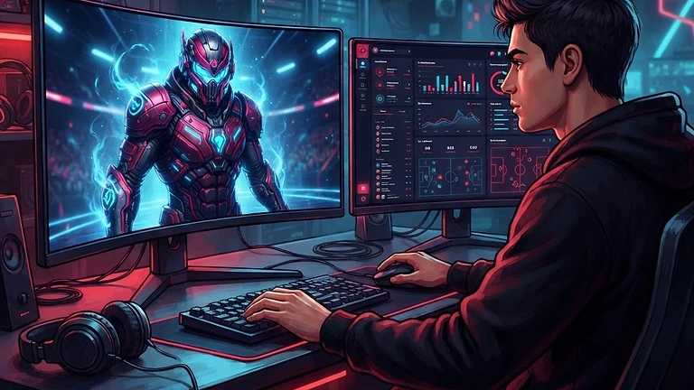 Close-up of a dual-monitor gaming setup displaying an AI digital sports avatar next to a sports management interface.