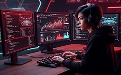A data analyst working on sports simulation code at a workstation with three monitors.