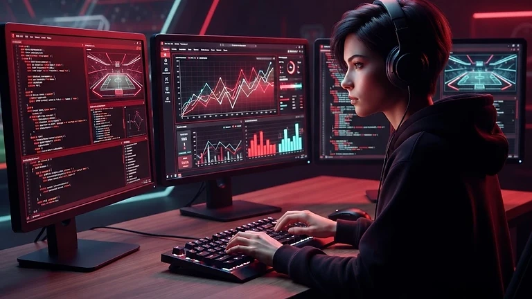 A data analyst working on sports simulation code at a workstation with three monitors.