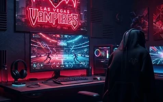 Gaming setup with Las Vegas Vampires neon sign, team hoodie, and a monitor showing a SimWin match.